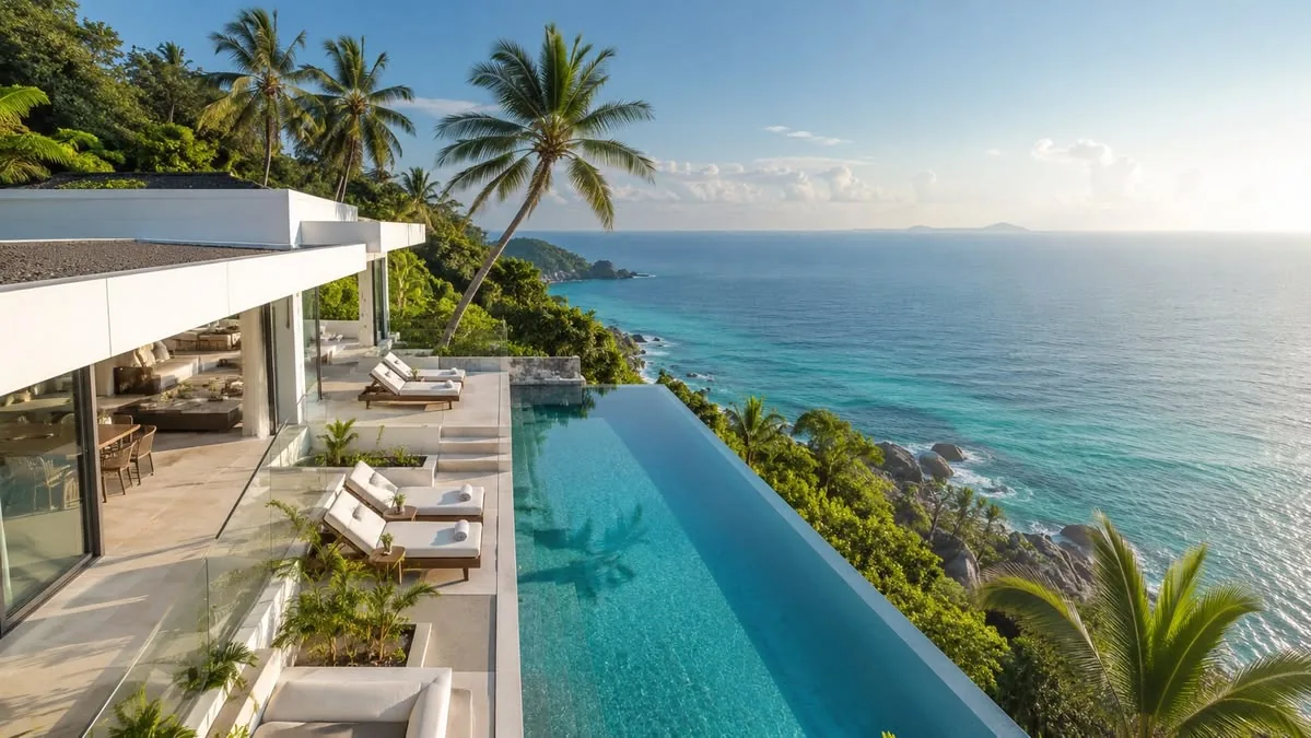 Piscine à débordement d'une villa tropicale surplombant la mer et les cocotiers