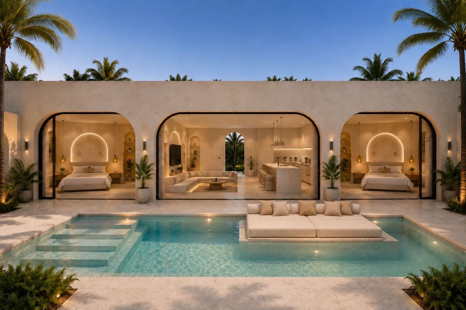 Casa Una Residence à Chaweng, Koh Samui : vue d'architecte d'une villa du programme, terrasse et piscine au crépuscule